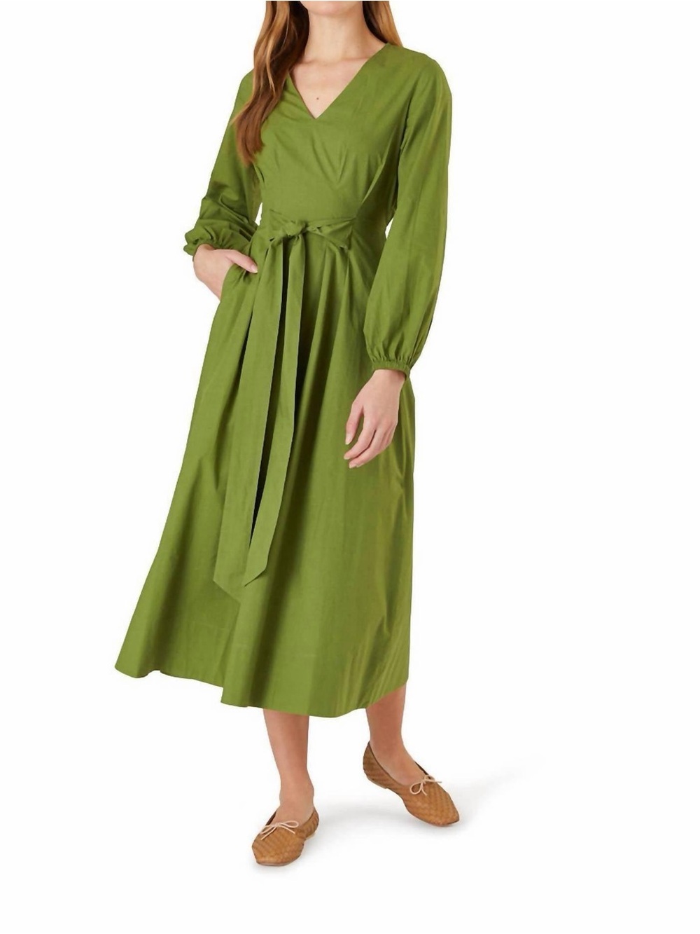 V-Neck Olive Green Midi Wrap Dress with Tie Waist